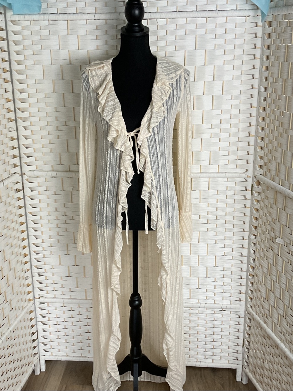 Long Cream Ruffle-Trim Tie-Front Cardigan